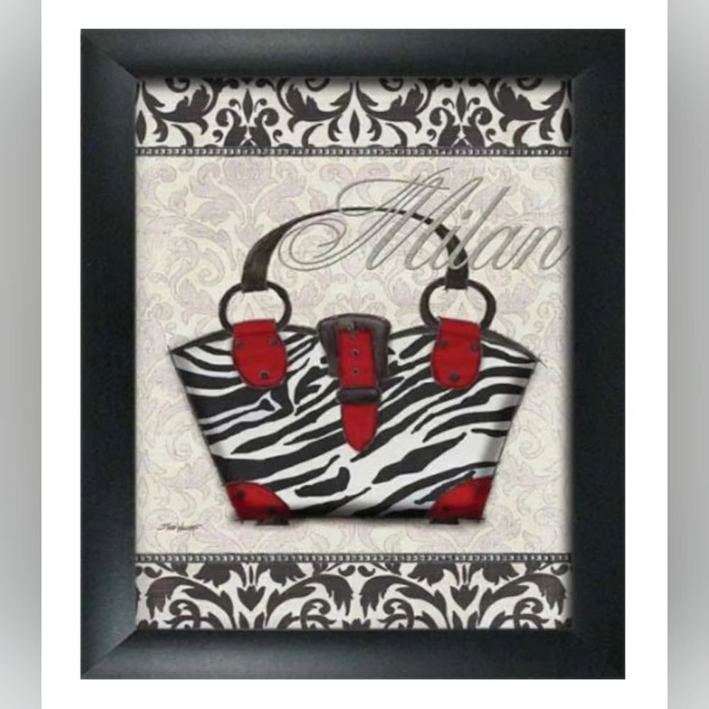 🩵Todd Williams Black, Red, & Cream Animal Print "Milan" Handbag Framed Artwork